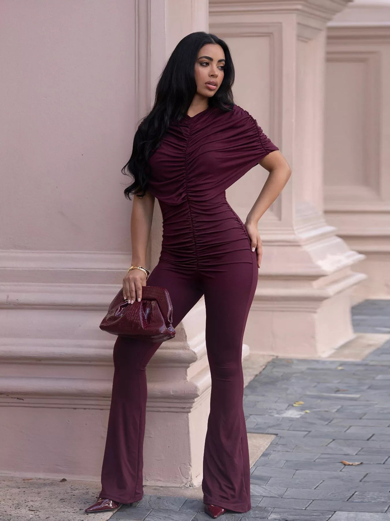 Ruched Flare Leg Jumpsuit  Shop One Place