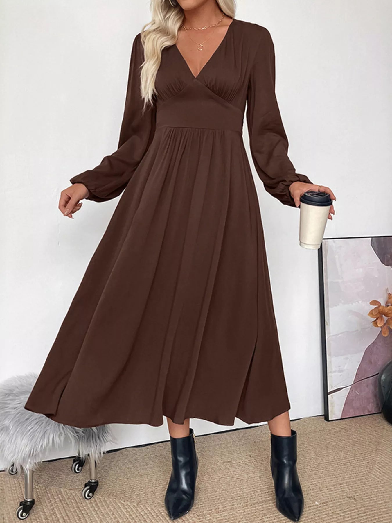 V-Neck Long Sleeve A-Line Midi Dress  Shop One Place