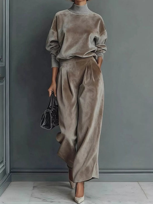 Women's Velvet Mock Neck Top & Wide-Leg Pants Set