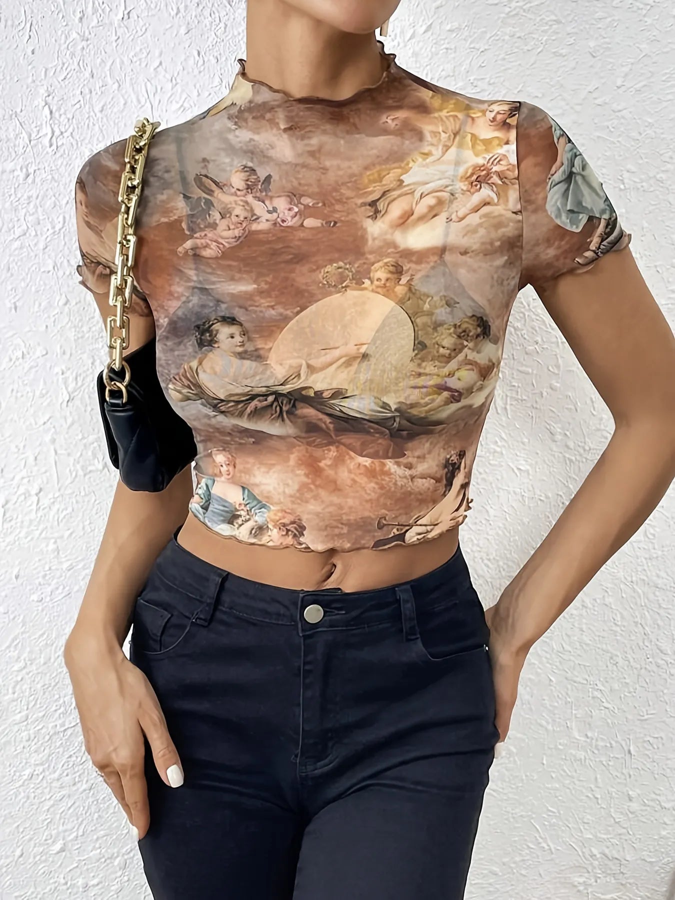 Abstract Print Ruffled Mock Neck Crop T-Shirt  Shop One Place