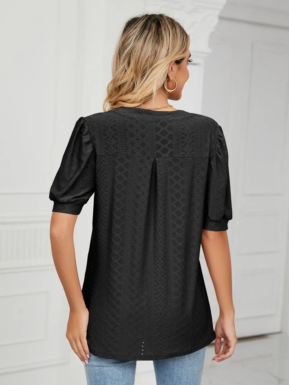 Florira Eyelet Notched Short Sleeve T-Shirt  Shop One Place