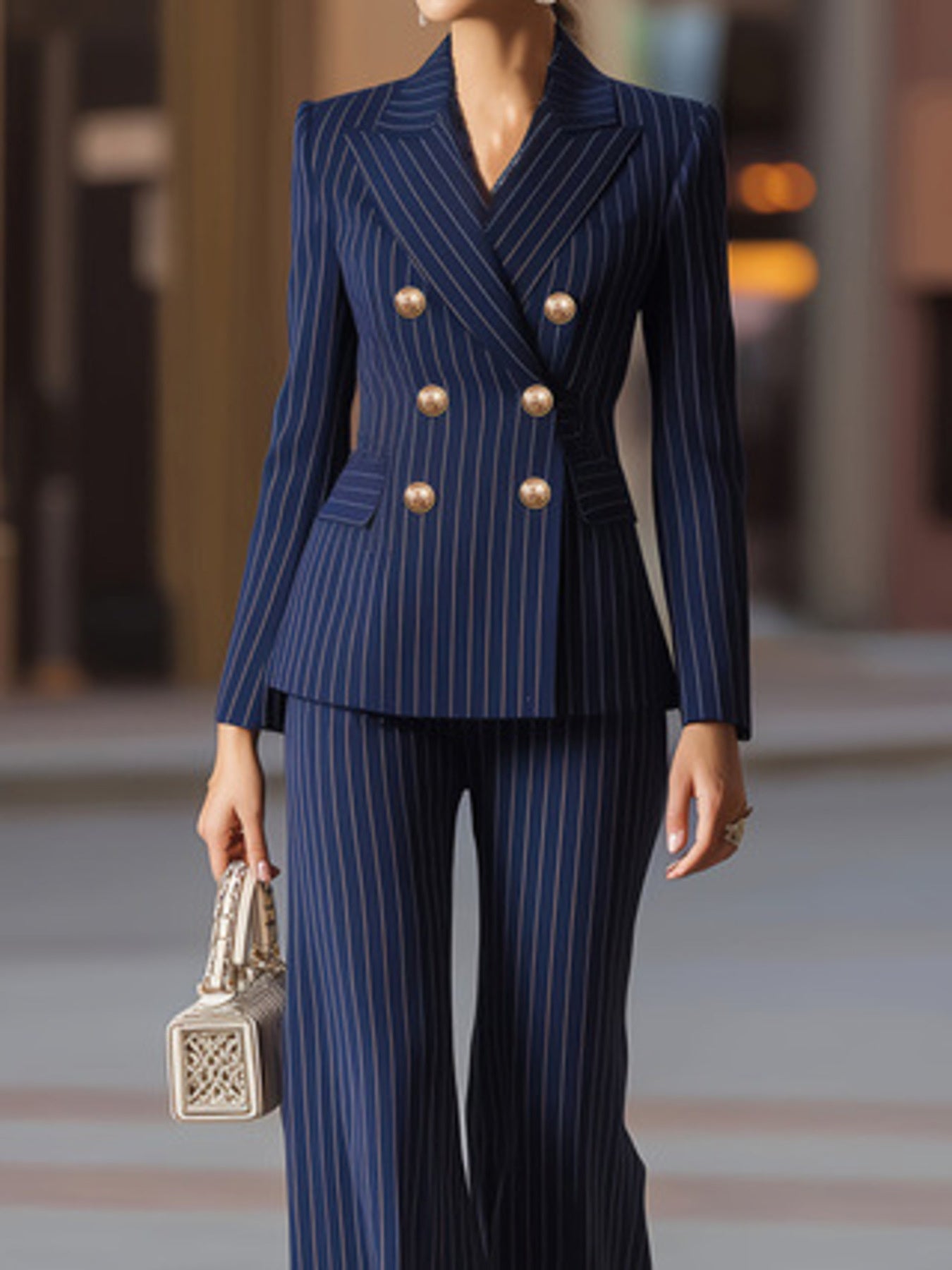 Striped Double-Breasted Blazer & Wide Leg Pants Set  Shop One Place