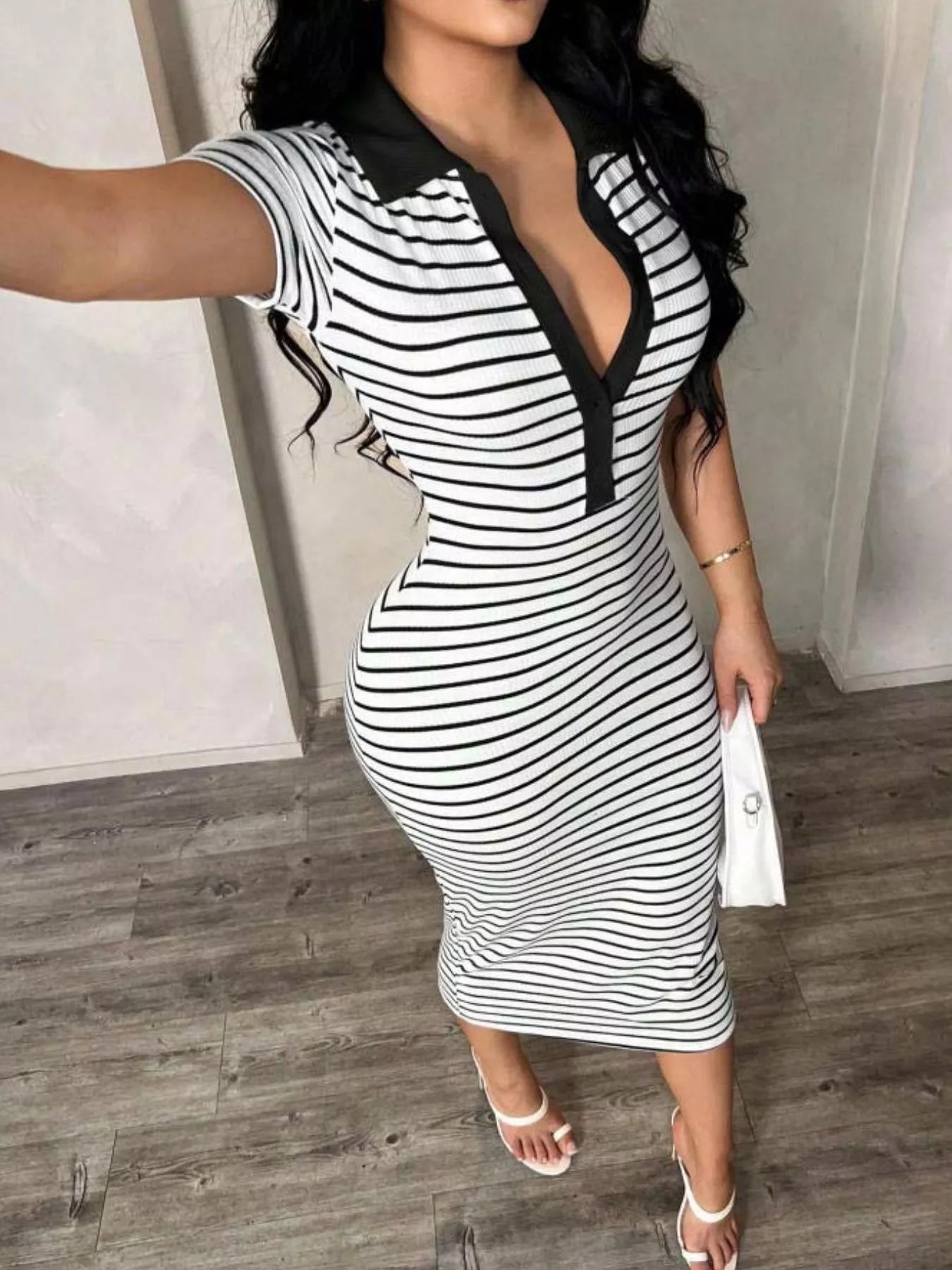 Striped Polo Collar Midi Dress  Shop One Place