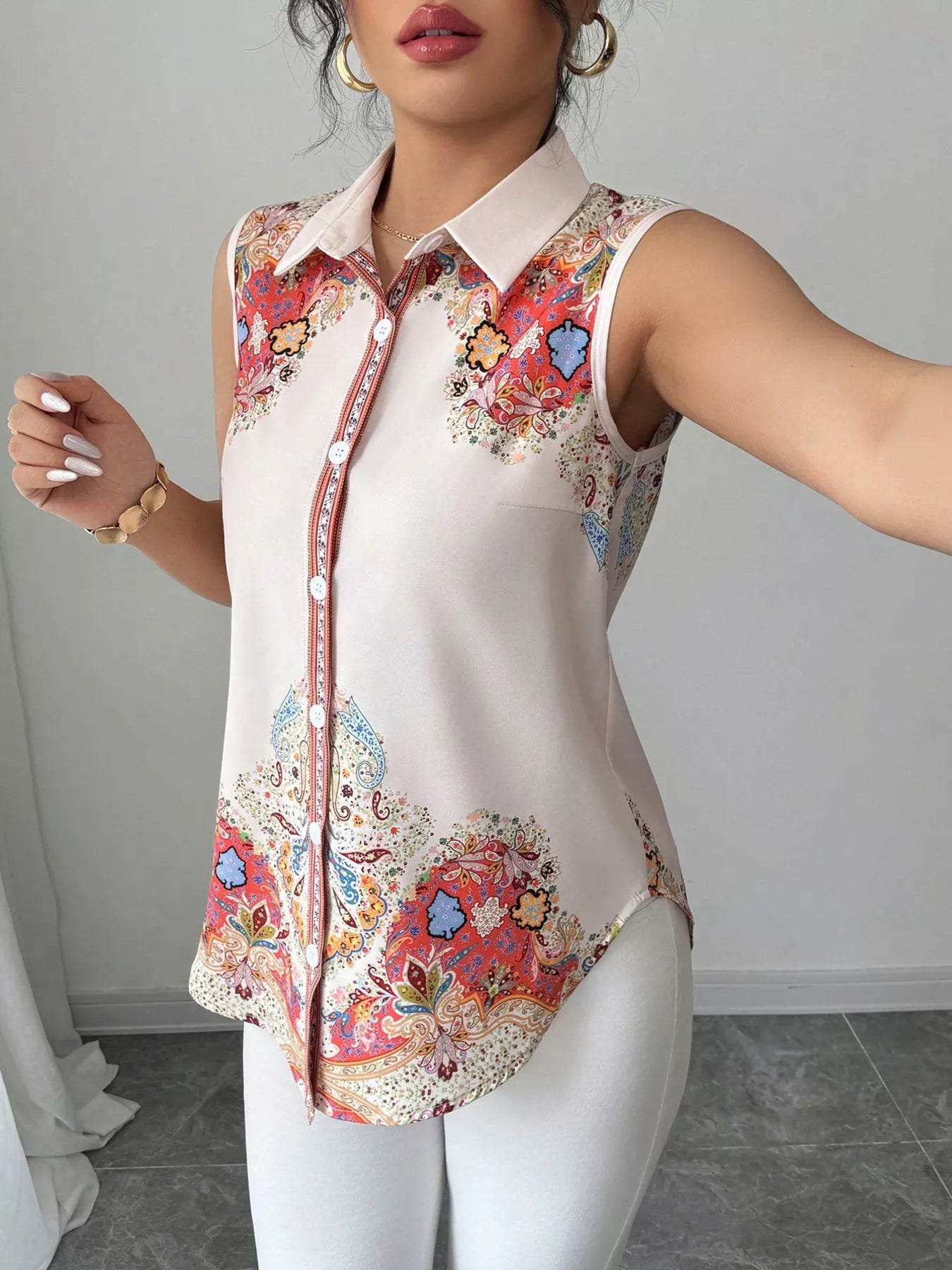 Button Up Sleeveless Shirt  Shop One Place