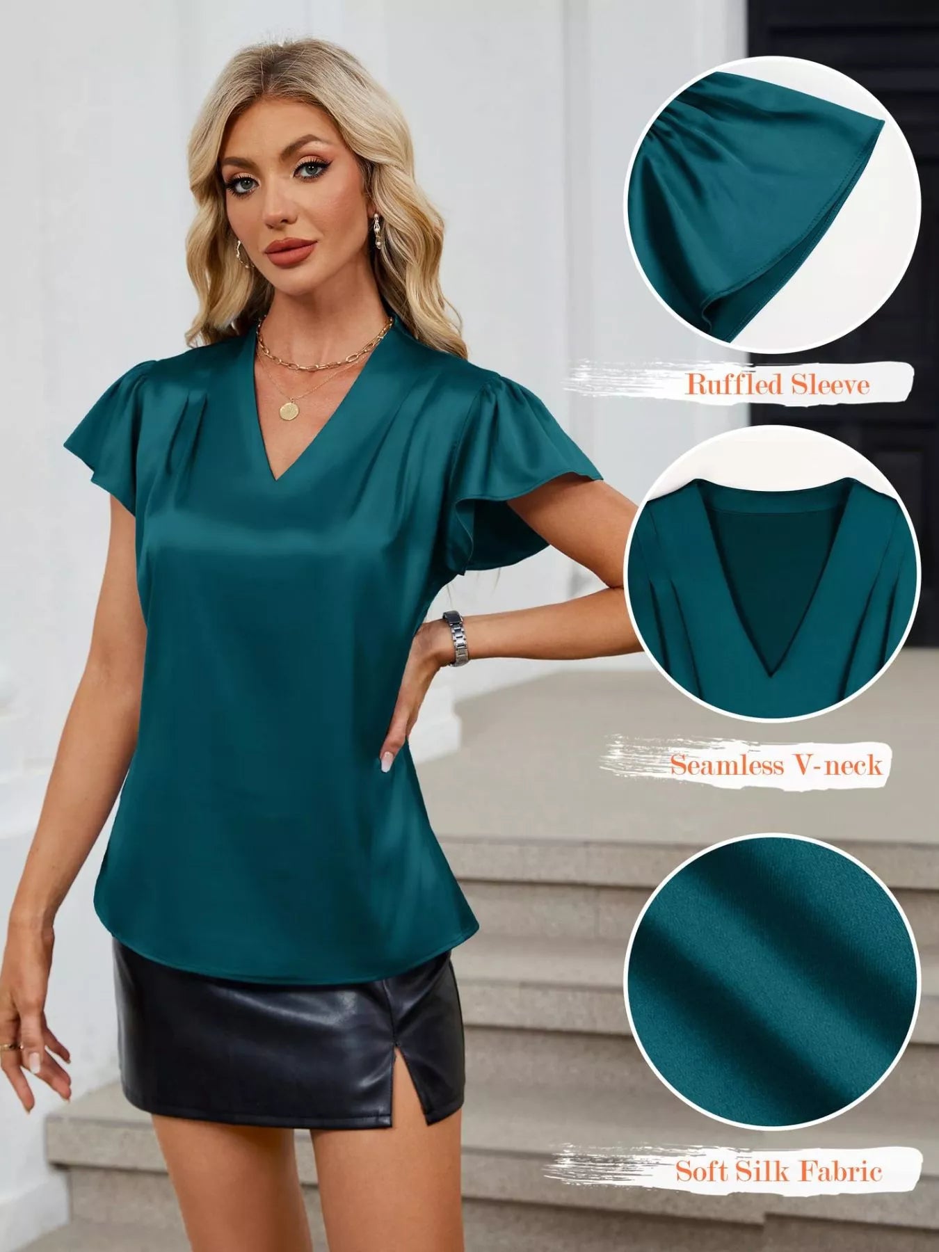 Satin V-Neck Flutter Sleeve Blouse  Shop One Place