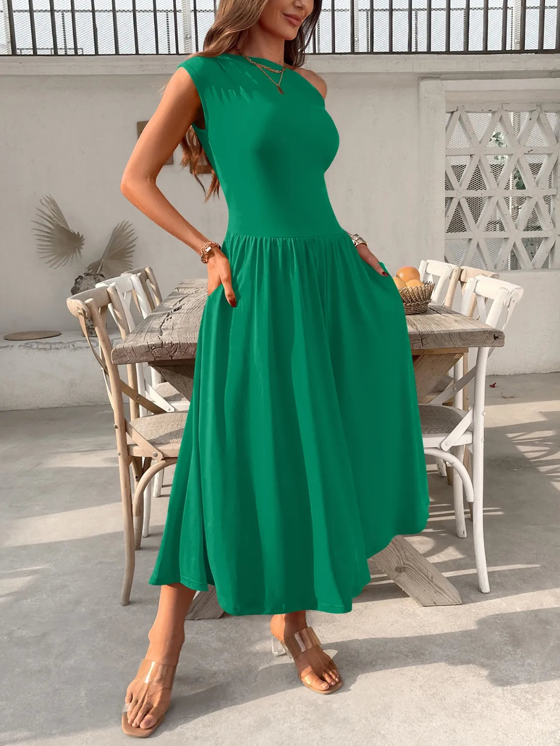 Single Shoulder Midi Dress with Pockets  Shop One Place
