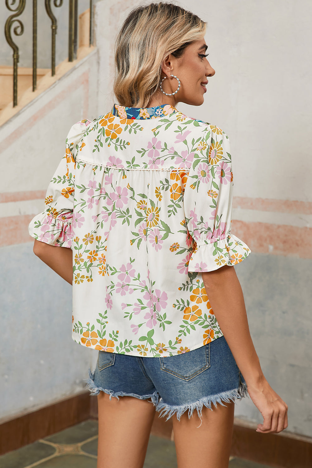 Multicolour Half Sleeve Boho Floral Pop of Color Neckline Blouse  Shop One Place