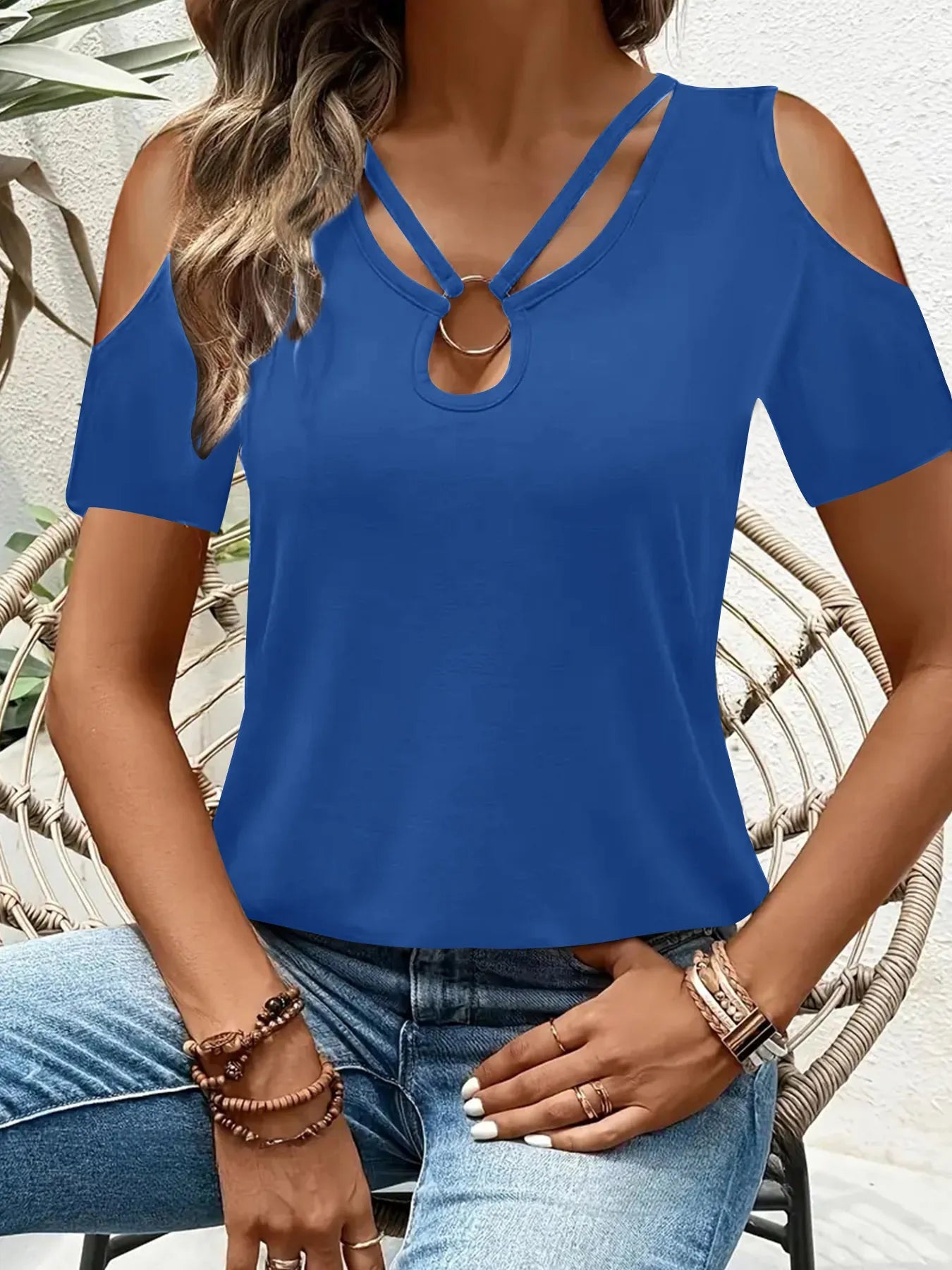 Cold Shoulder T-Shirt with Metal Ring Detail  Shop One Place