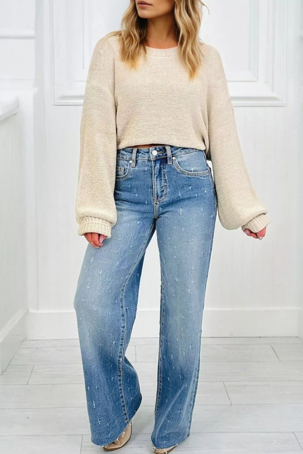 Distressed Detail Tummy Control Raw Hem Jeans  Shop One Place