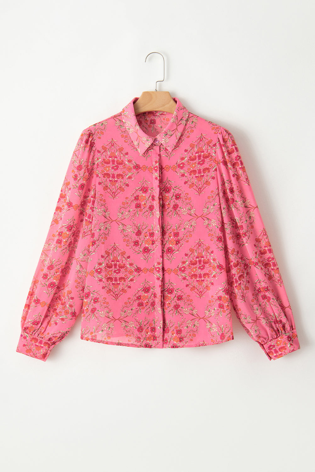 Strawberry Pink Floral Print Collared Button Up Puff Sleeve Shirt  Shop One Place