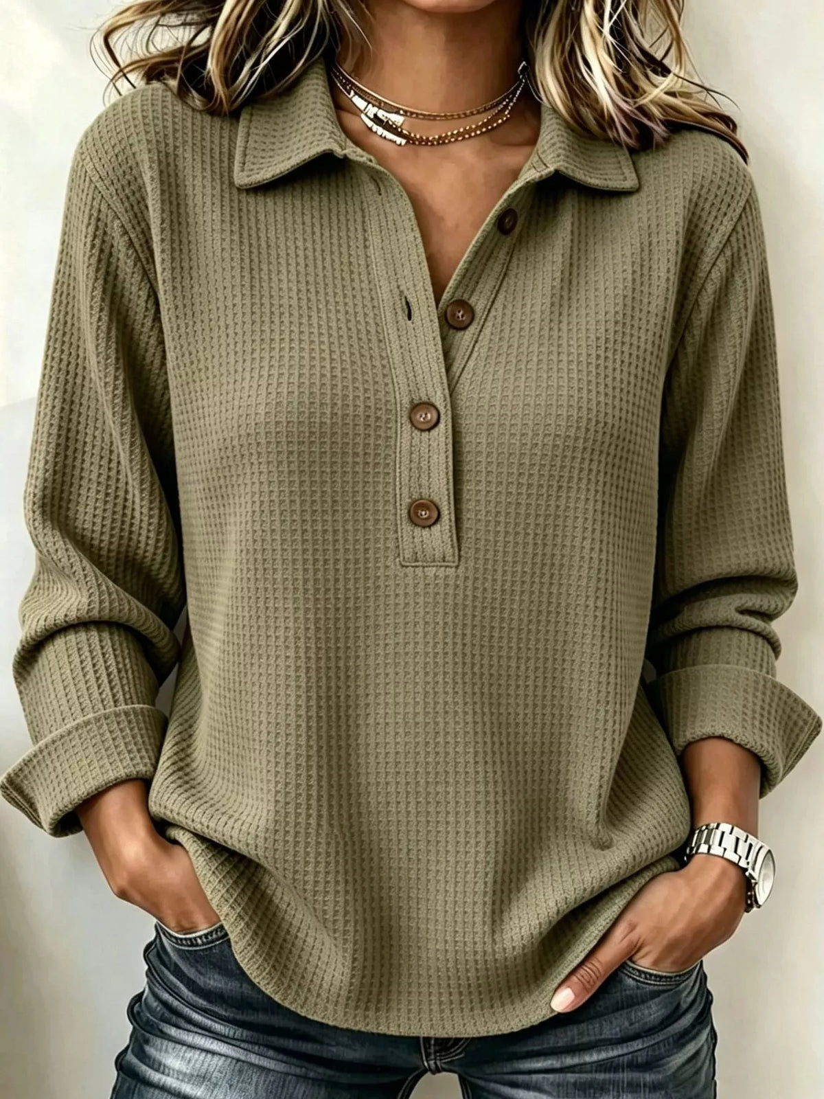 Women's Waffle Knit Long Sleeve Polo Top – view 6