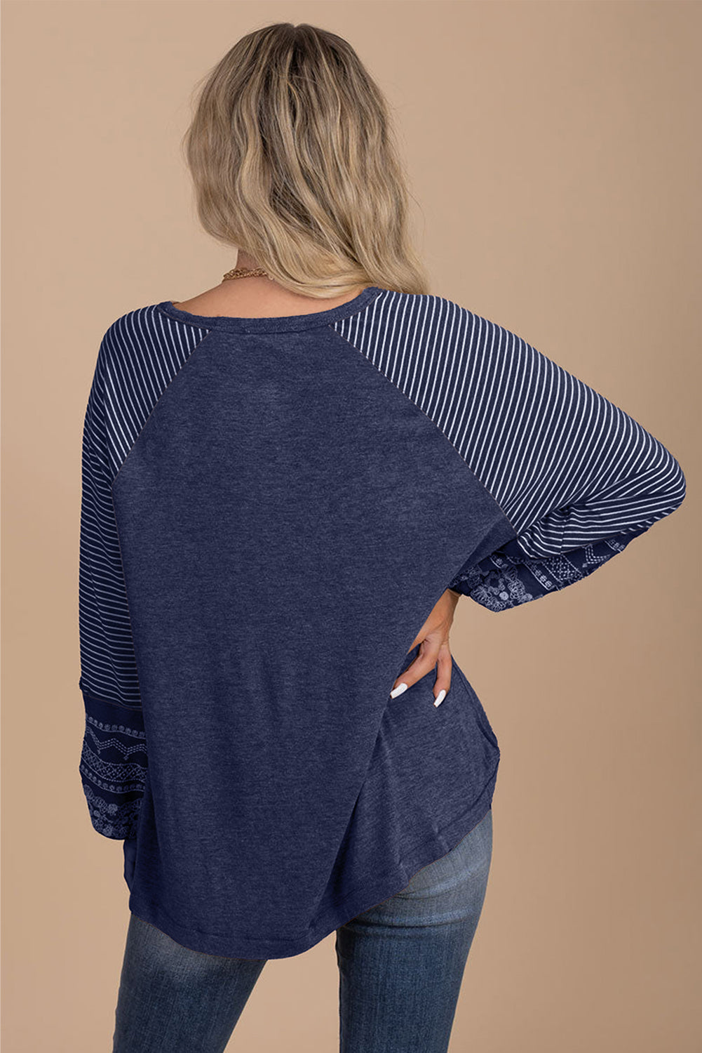 Contrast Print Striped Raglan Long Sleeve Loose Top  Shop One Place