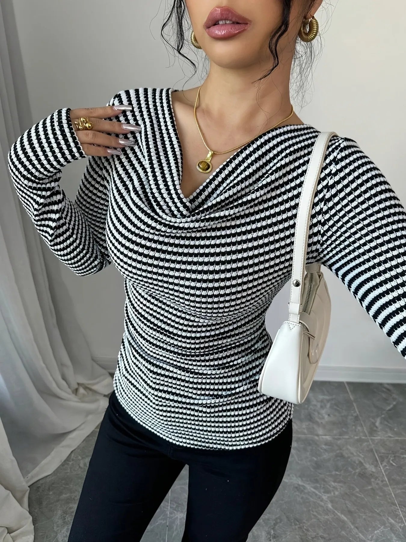 Striped Cowl Neck Long Sleeve T-Shirt  Shop One Place