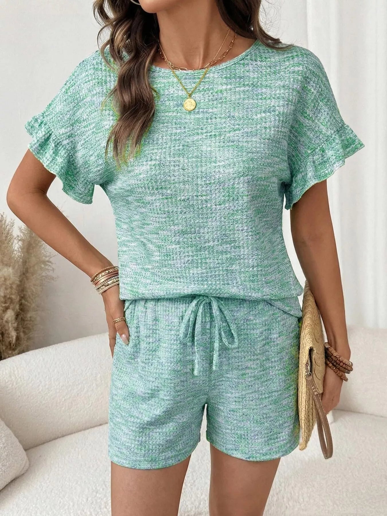Ruffle Sleeve Textured Top and Shorts Set  Shop One Place