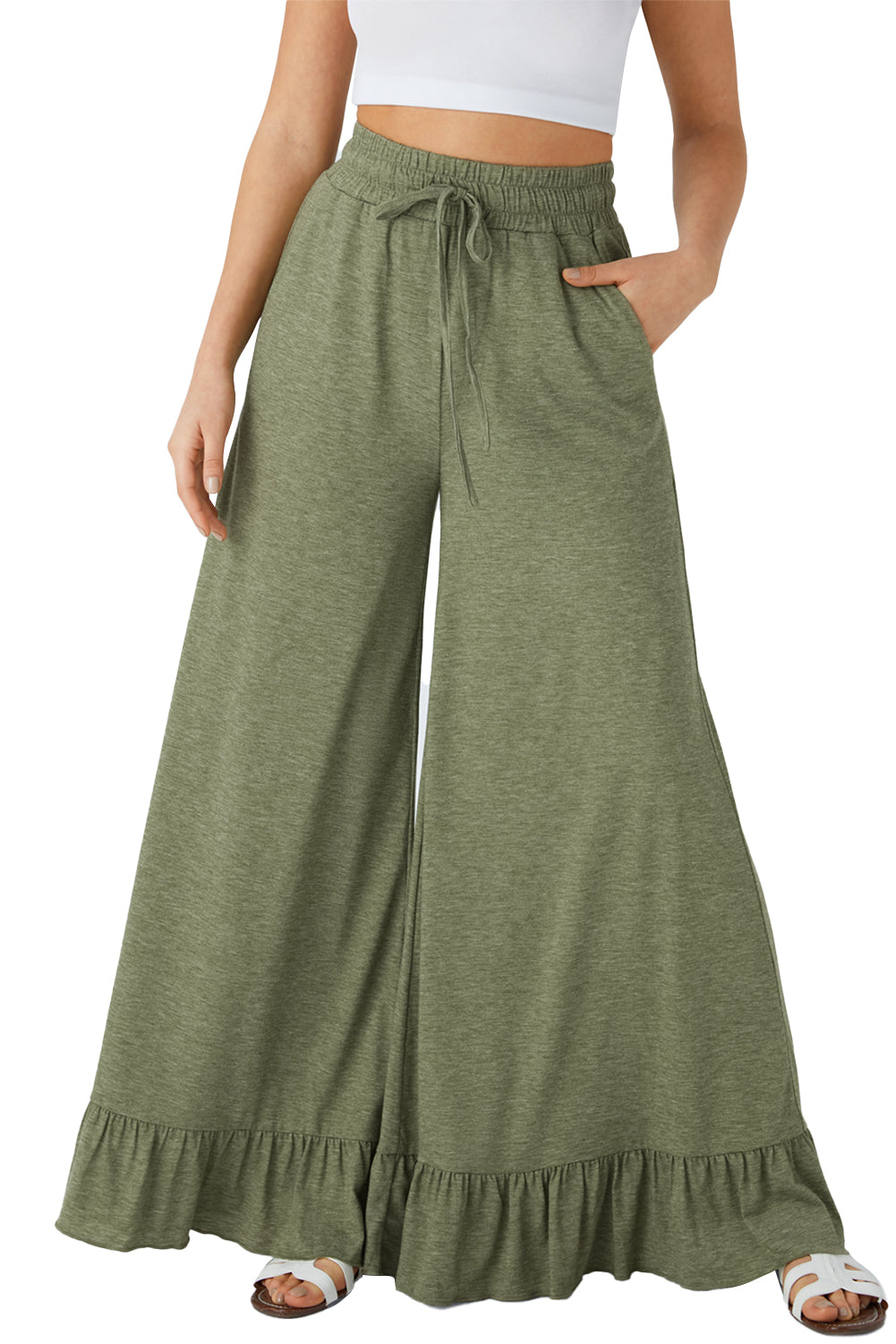 Jungle Green Solid Color Ruffle Hem Wide Leg Pants  Shop One Place