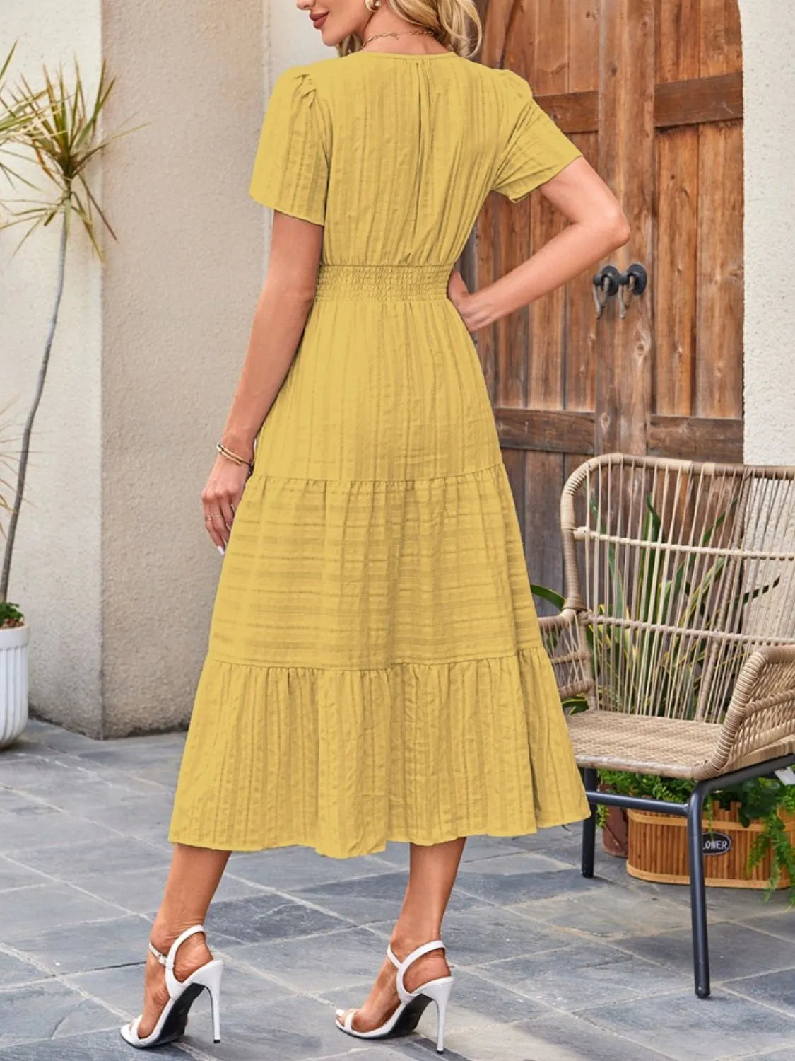 Tiered Notched Short Sleeve Dress  Shop One Place