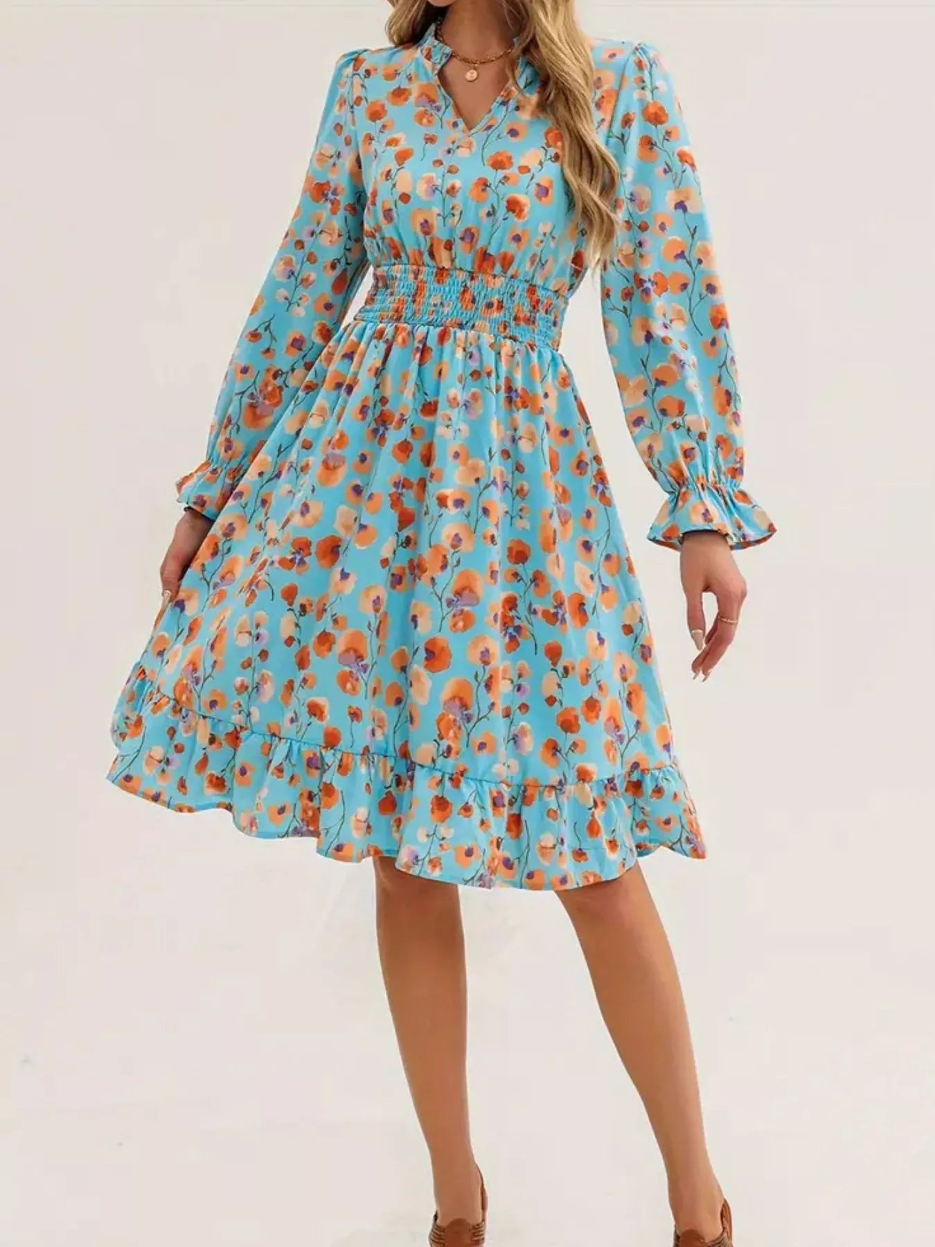 Floral Notched Flounce Sleeve Dress  Shop One Place