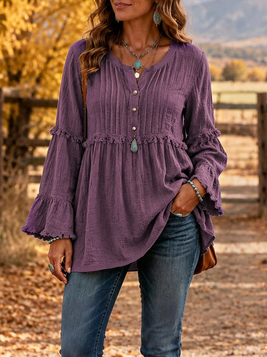 Women's Fringe Trim Ruffle Sleeve Blouse