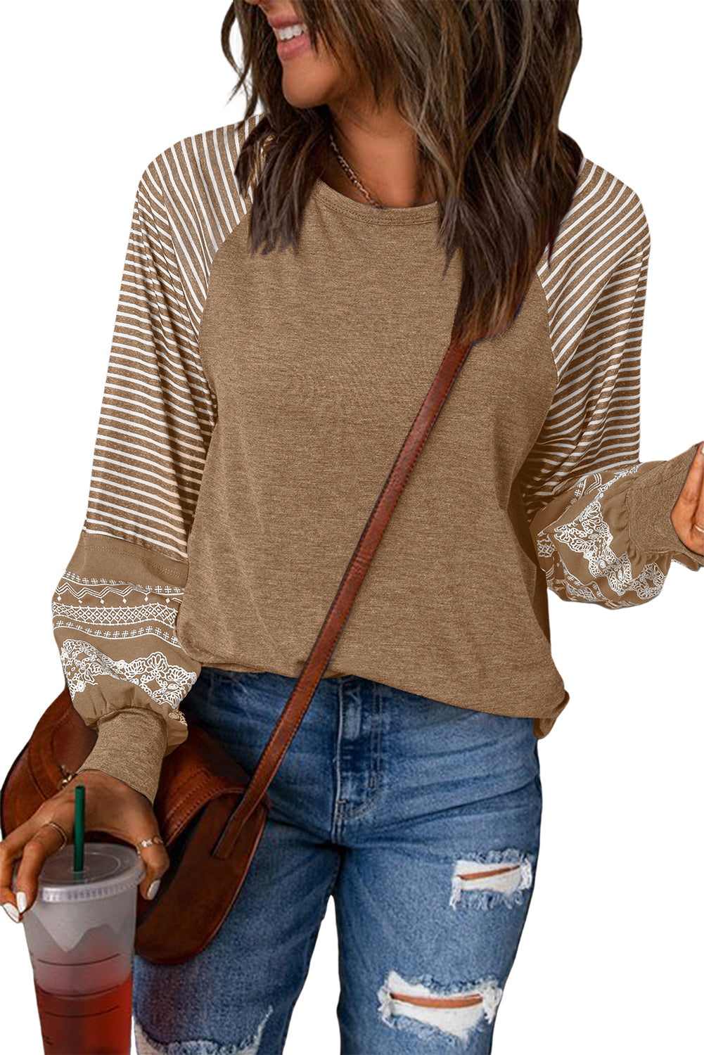 Contrast Print Striped Raglan Long Sleeve Loose Top  Shop One Place