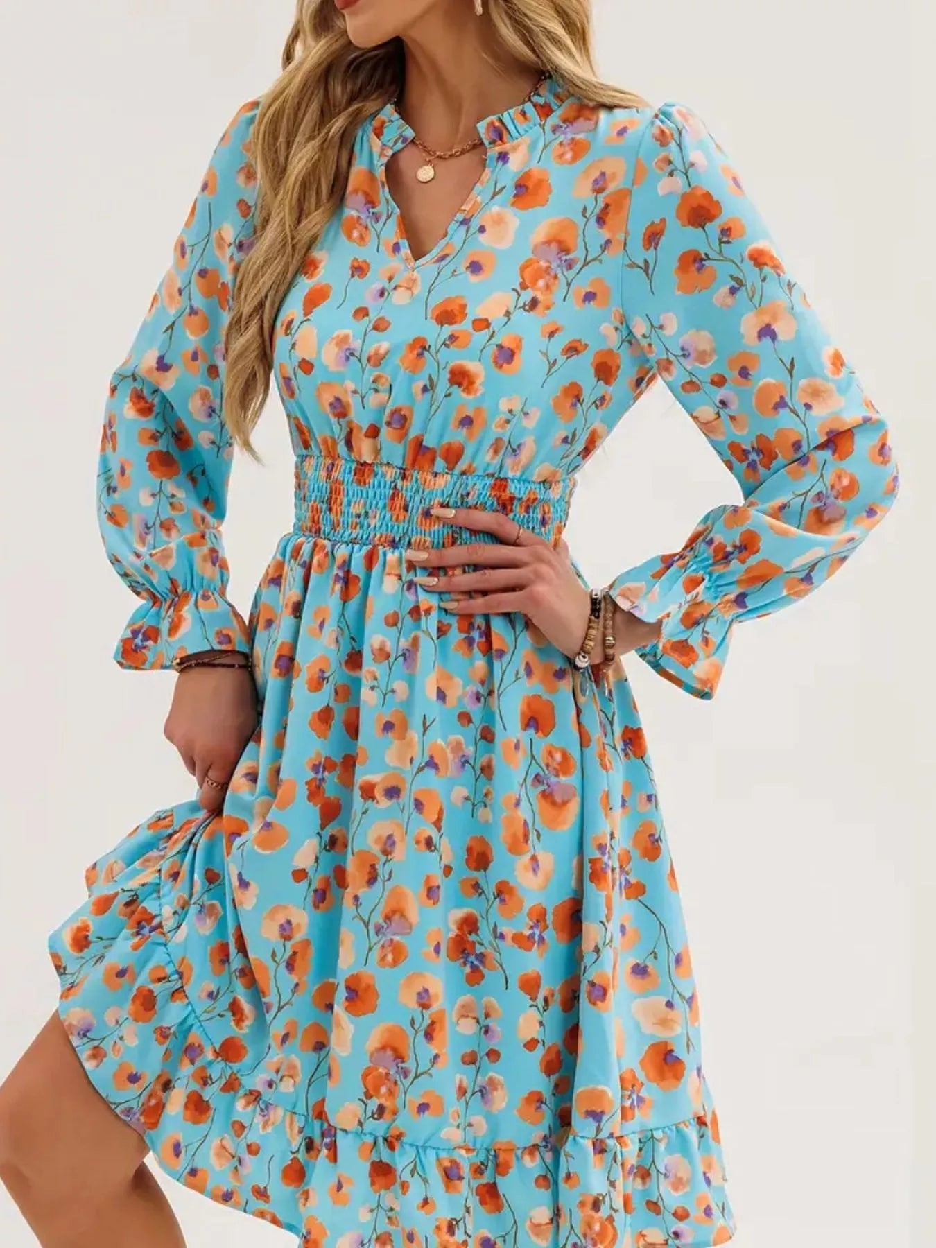 Floral Notched Flounce Sleeve Dress  Shop One Place