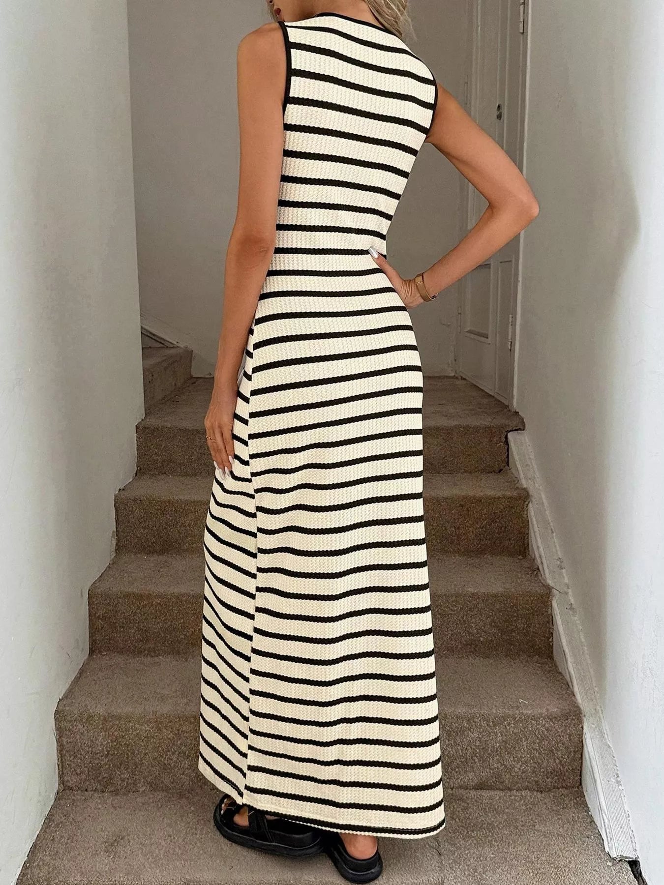 Striped Button-Front Sleeveless Maxi Dress – Cotton Blend Slit Dress for Women  Shop One Place