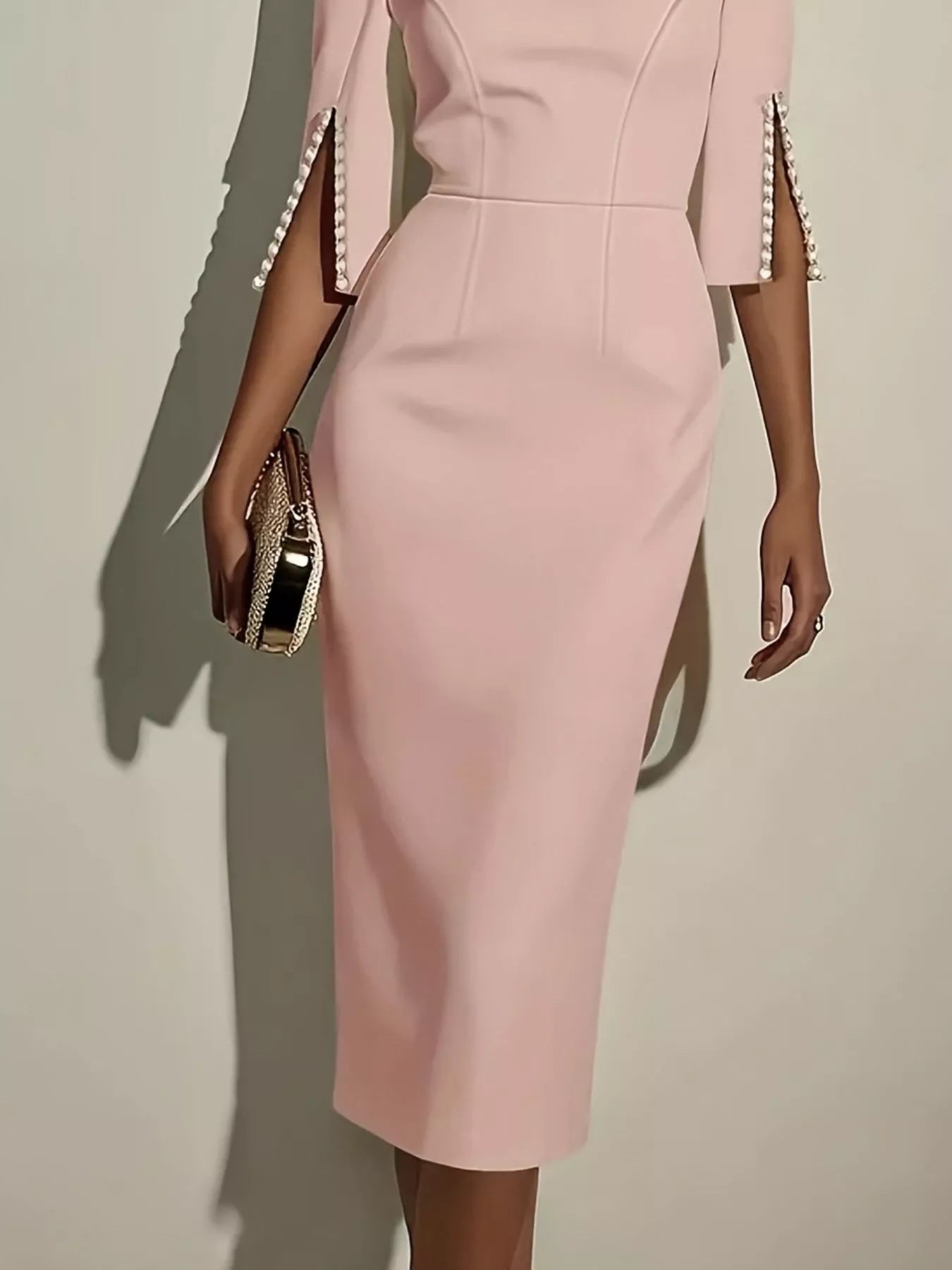 Slim-Fit Elegant Midi Dress with Beaded Slit Sleeve  Shop One Place