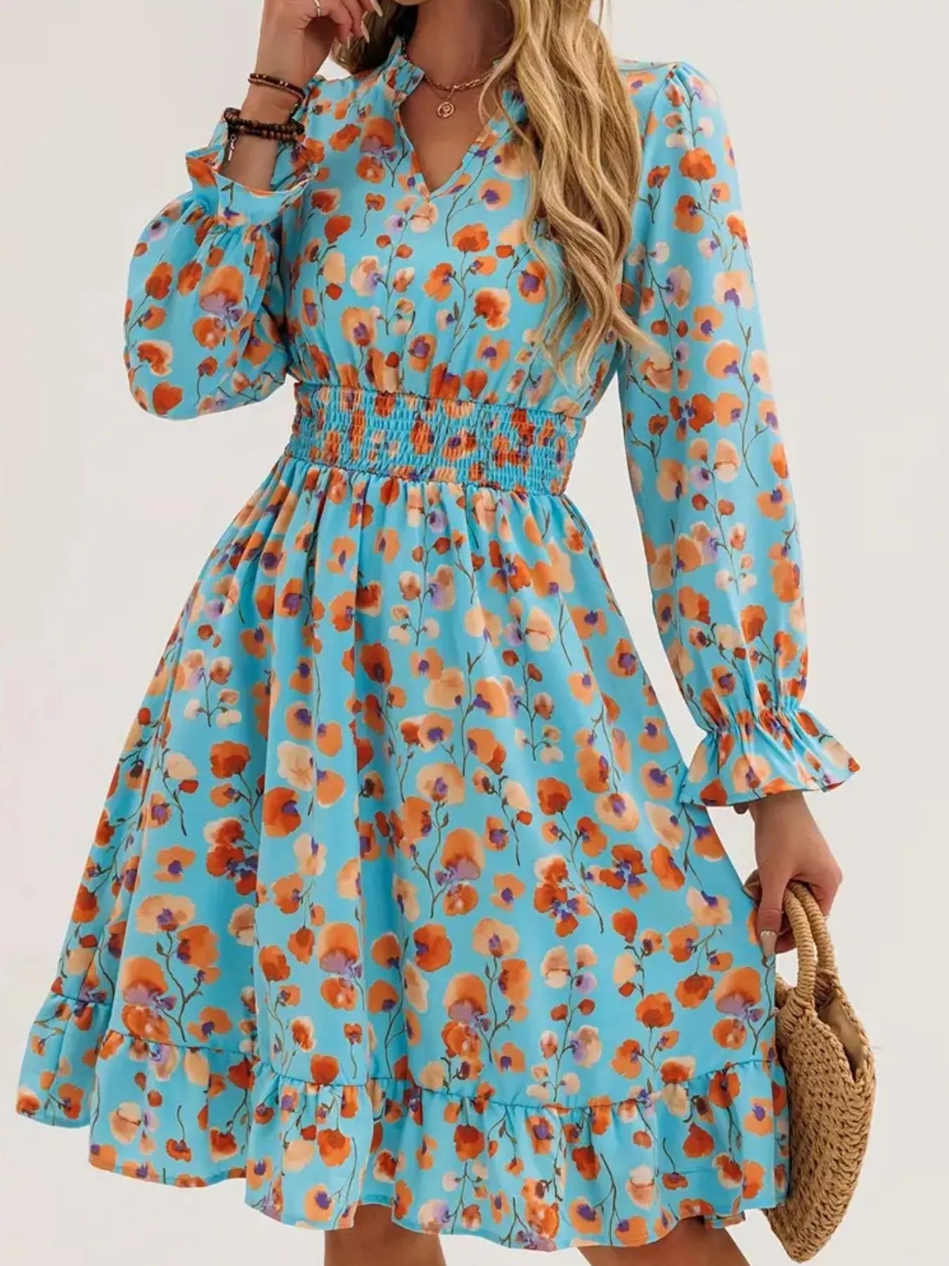 Floral Notched Flounce Sleeve Dress  Shop One Place