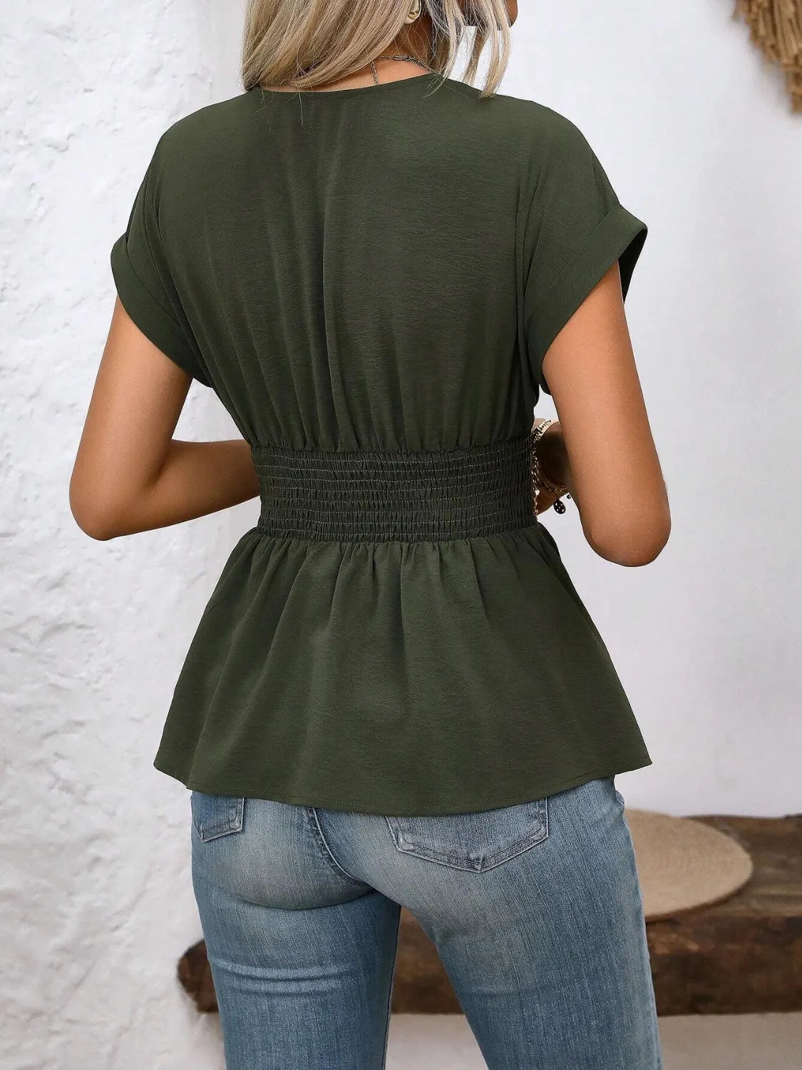 Surplice Short Sleeve Blouse  Shop One Place
