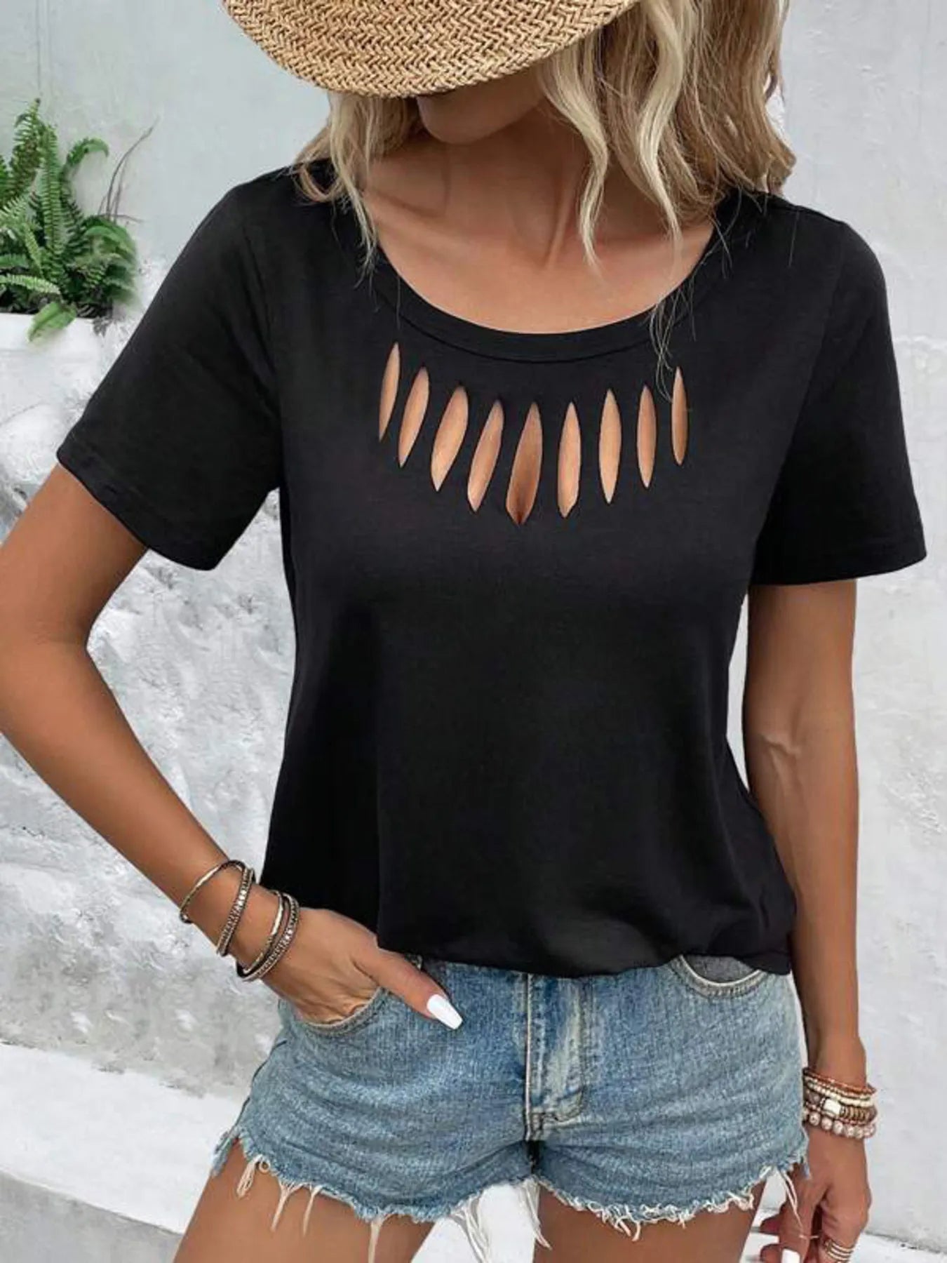 Hollow Out Neckline Short Sleeve T-Shirt  Shop One Place