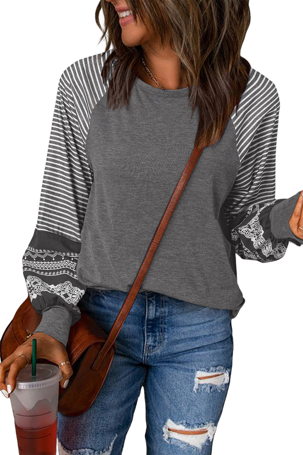 Gray Contrast Print Striped Raglan Long Sleeve Loose Top  Shop One Place