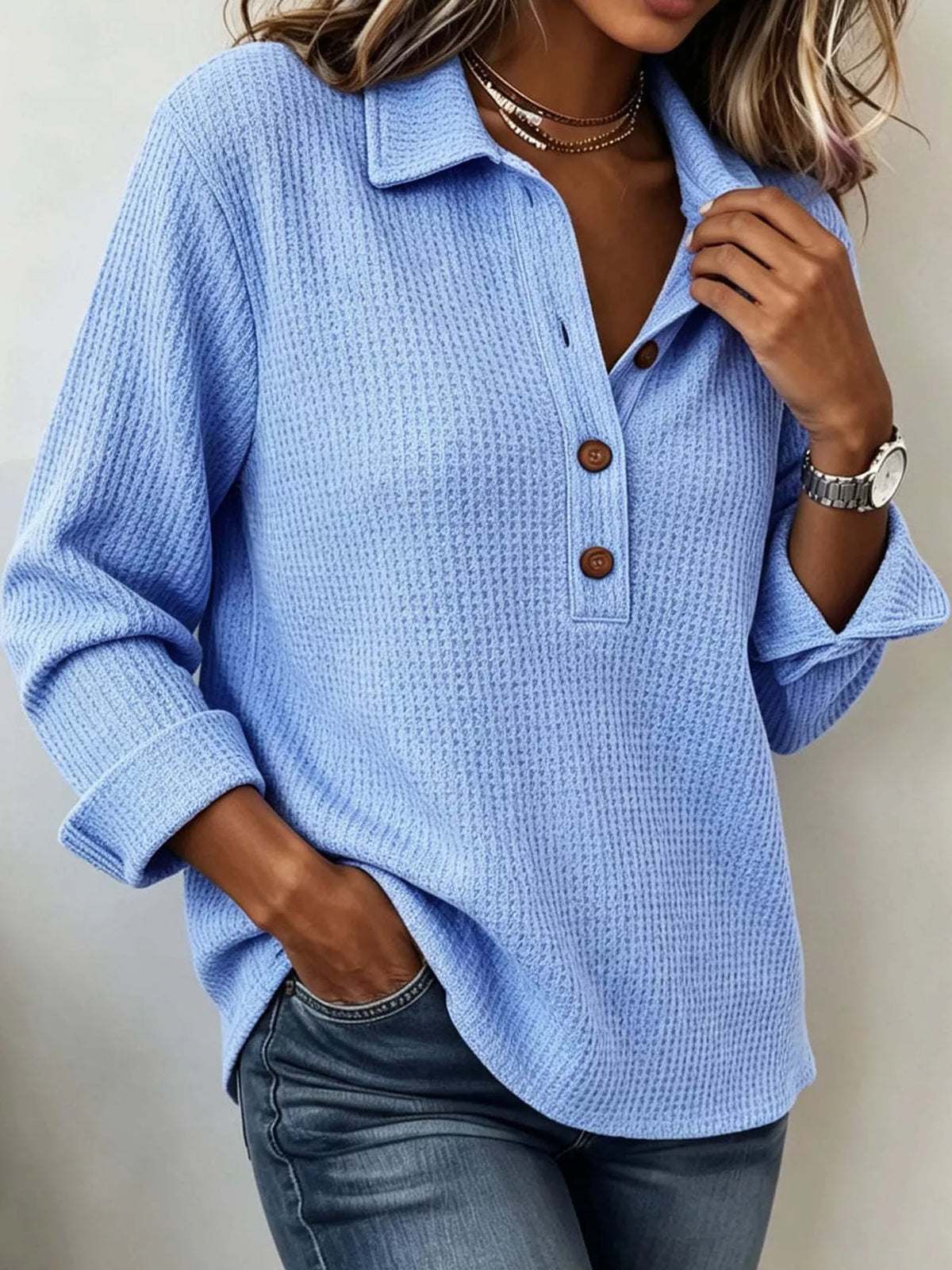 Women's Waffle Knit Long Sleeve Polo Top