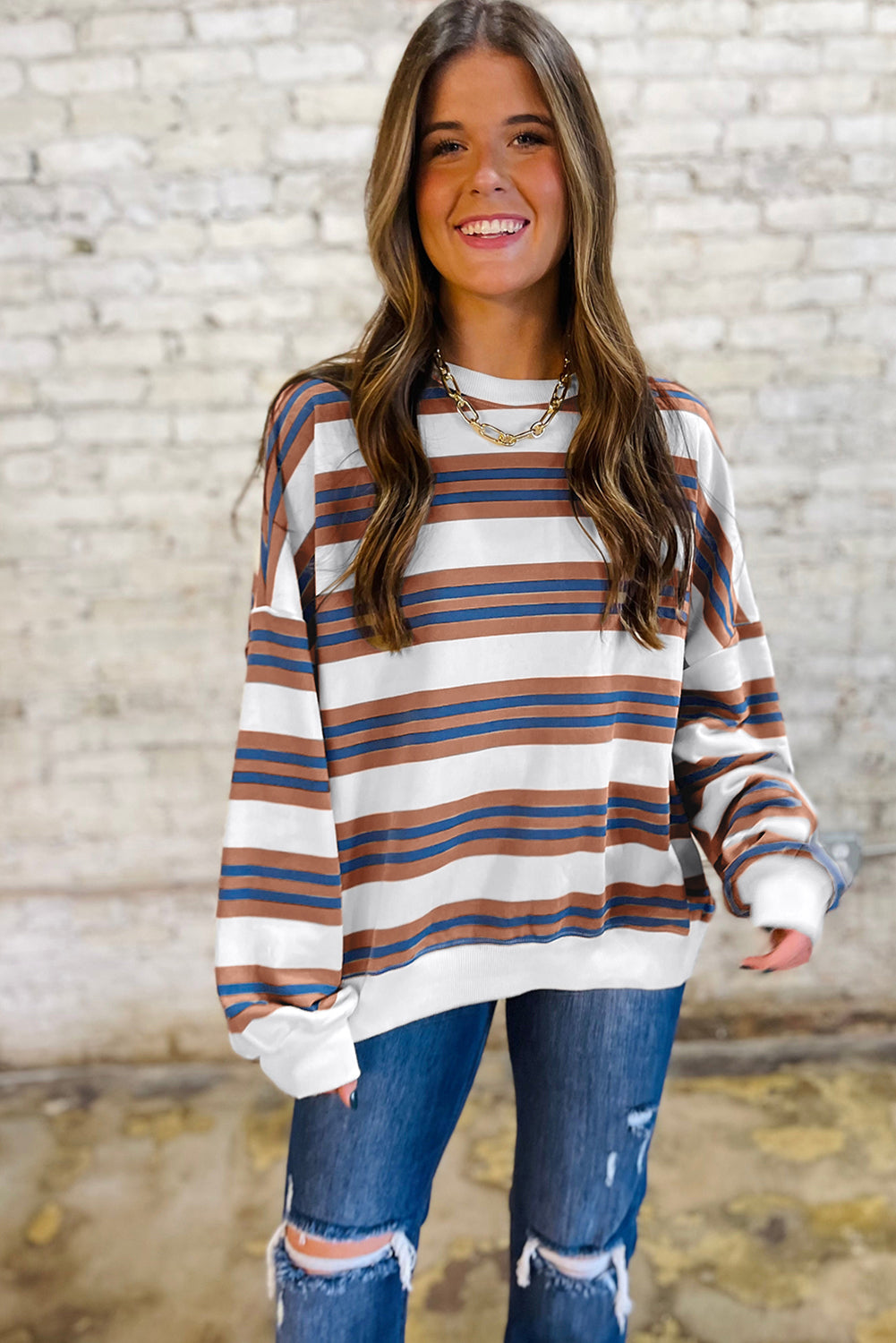 Khaki Striped Crew Neck Drop Shoulder Pullover Sweatshirt  Shop One Place