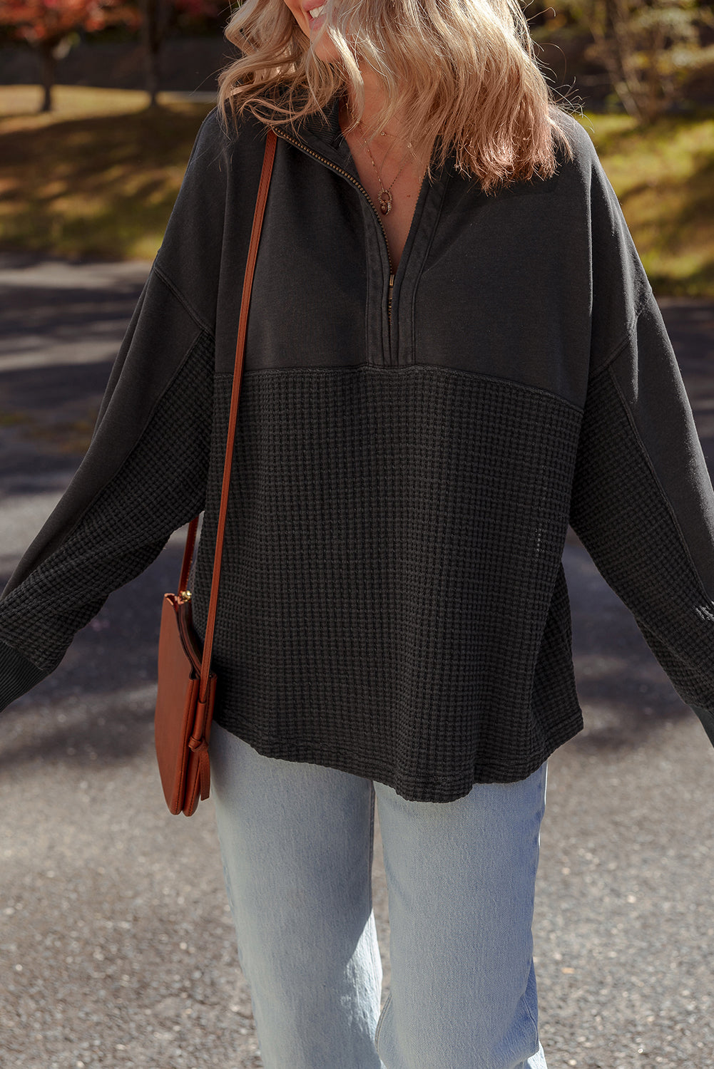 Carbon Grey Waffle Knit Patchwork Half Zipped Casual Sweatshirt  Shop One Place