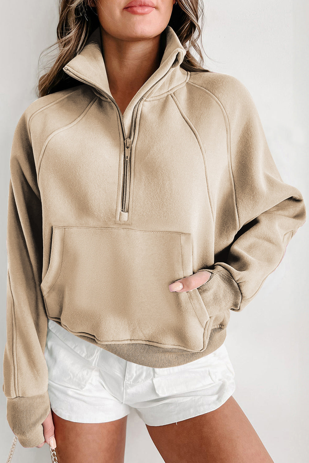 Zip Up Stand Collar Ribbed Thumbhole Sleeve Sweatshirt