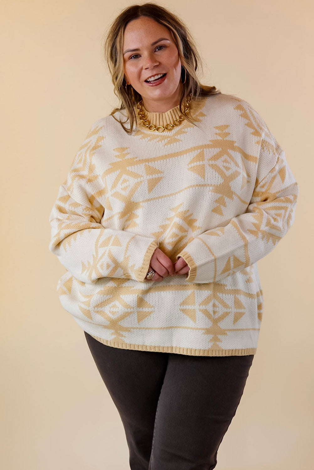 Apricot Plus Size Geometric Print Drop Sleeve Sweater