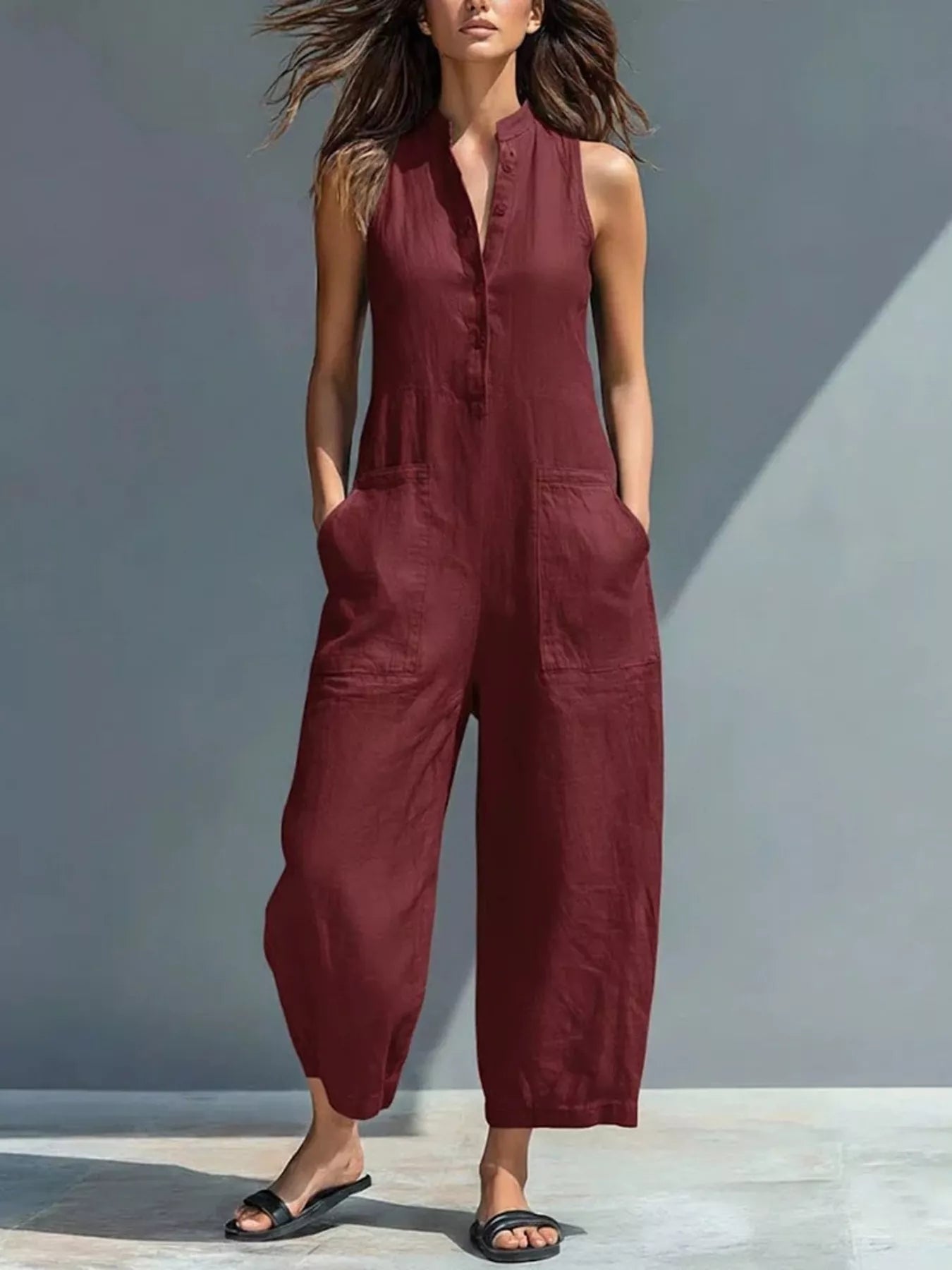 Full Size Button Front Sleeveless Jumpsuit Plus Size  Shop One Place