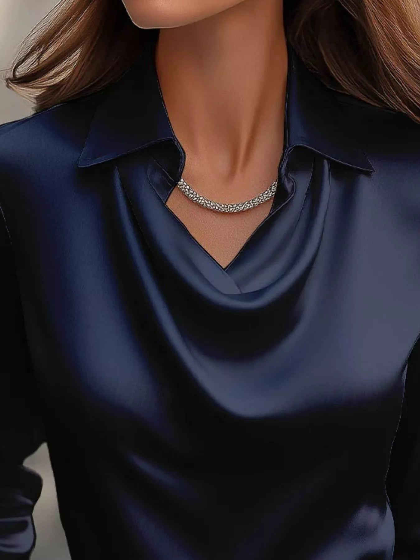 Ruched Long Sleeve Drape Collar Blouse  Shop One Place