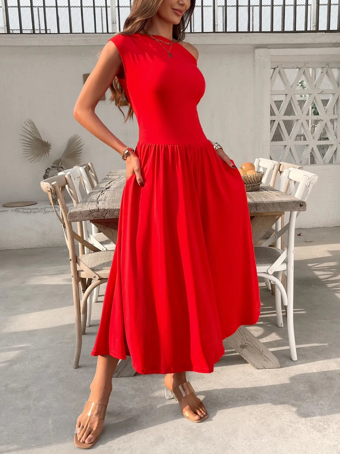 Single Shoulder Midi Dress with Pockets  Shop One Place