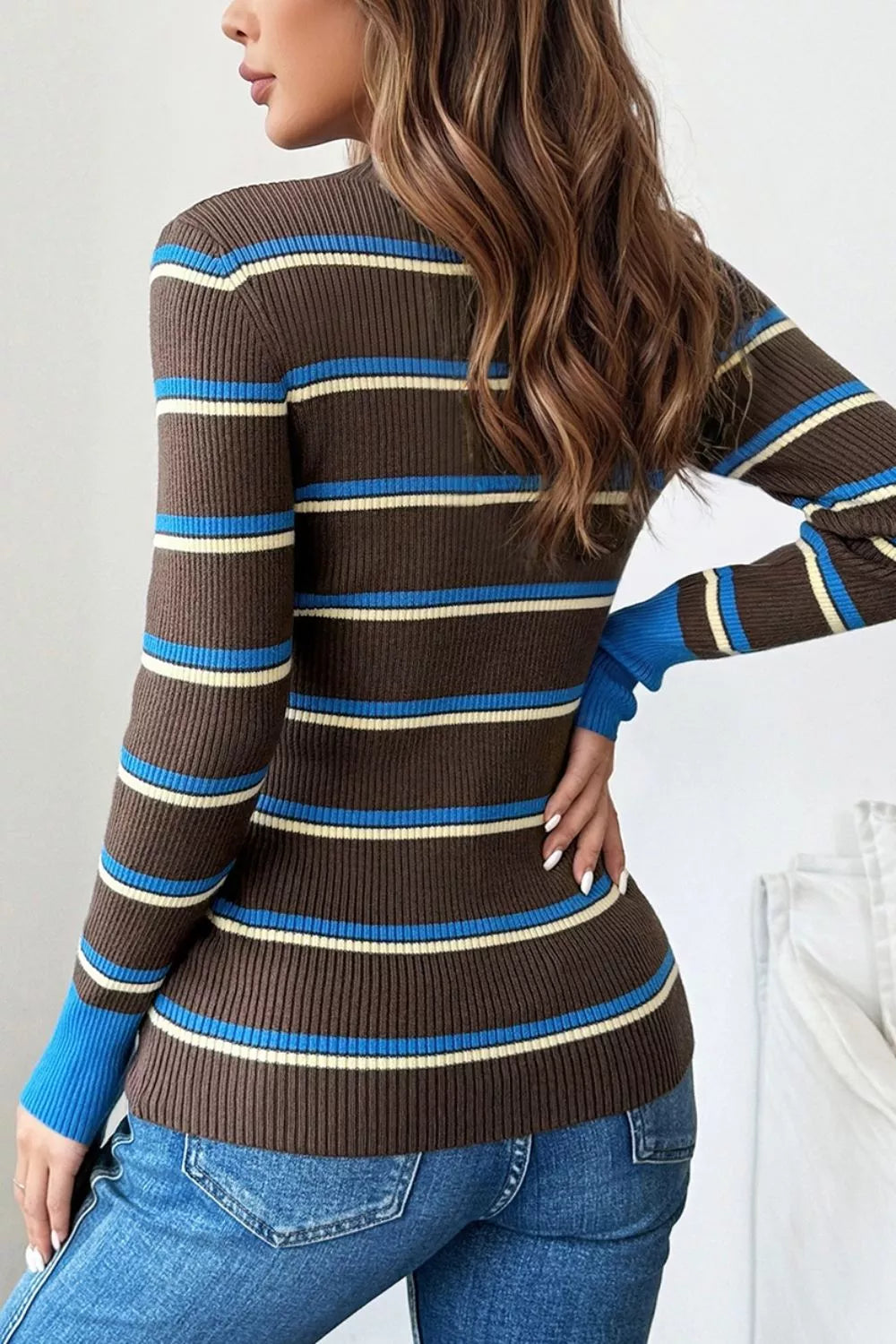 Ribbed Knit Contrast Cuff Henley Button Sweater  Shop One Place