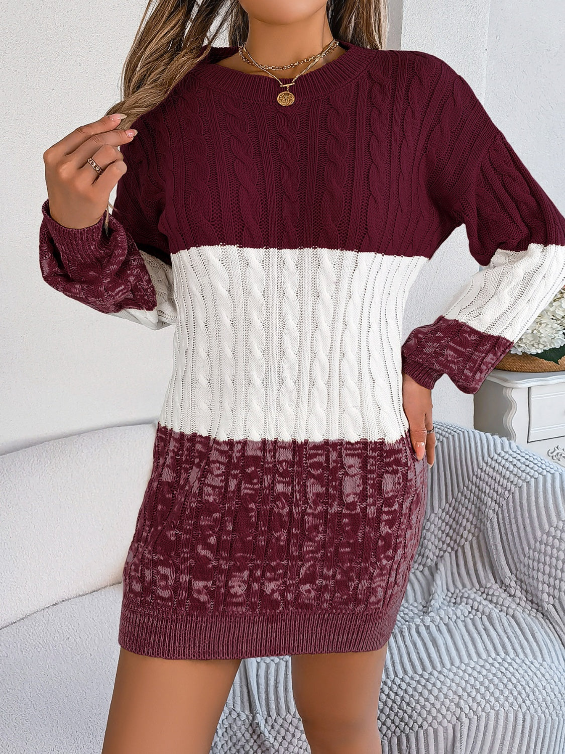 Cable-Knit Round Neck Color Block Sweater Dress  Shop One Place