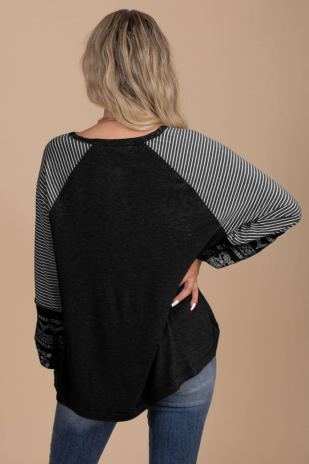 Contrast Print Striped Raglan Long Sleeve Loose Top  Shop One Place