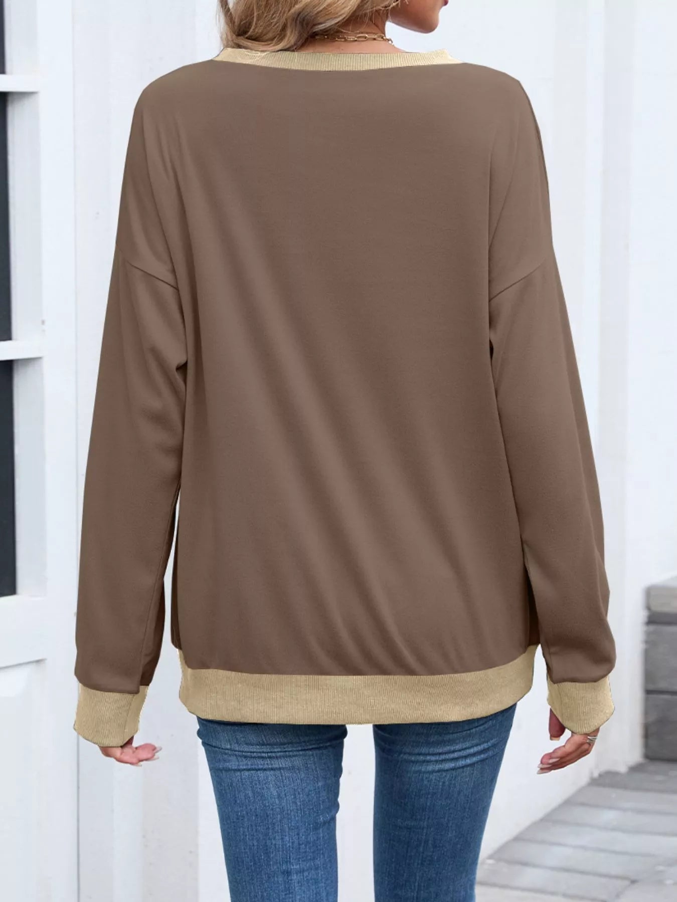 Contrast Trim Long Sleeve Sweatshirt  Shop One Place