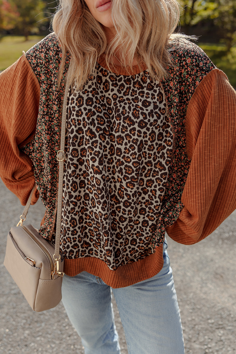 Brown Leopard Floral Print Ribbed Patchwork Puff Sleeve Loose Pullover  Shop One Place