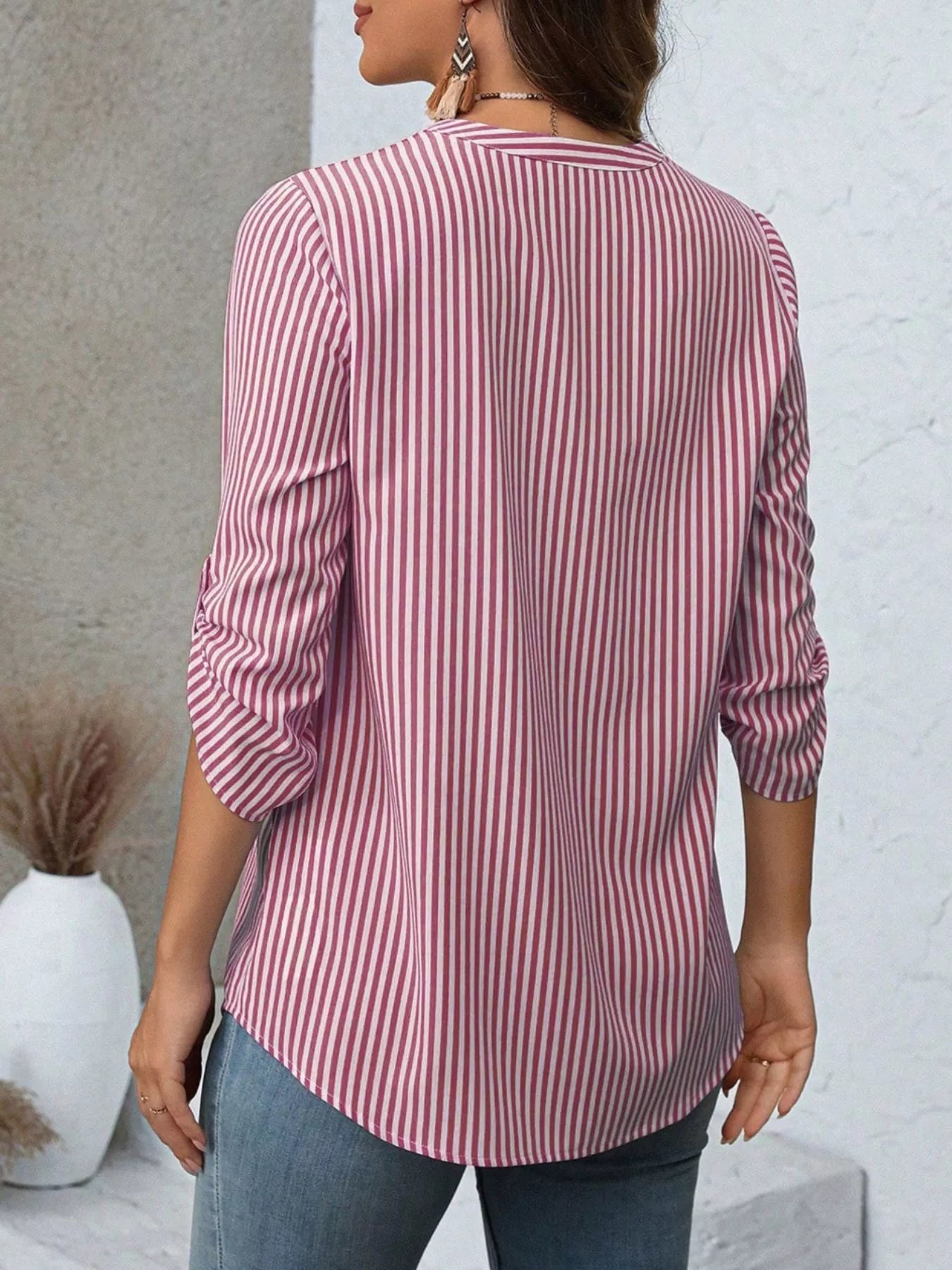 Striped V-Neck Roll-Up Sleeve Blouse  Shop One Place