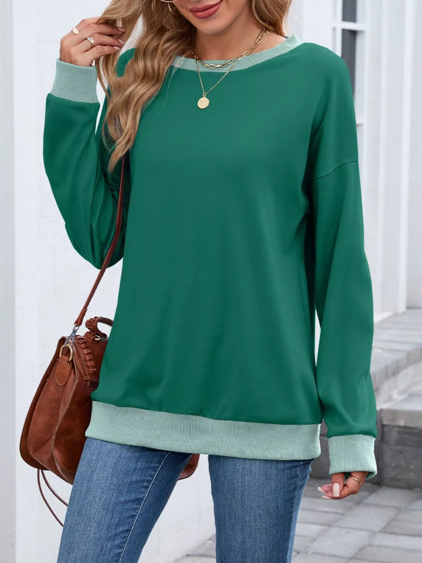 Contrast Trim Long Sleeve Sweatshirt  Shop One Place