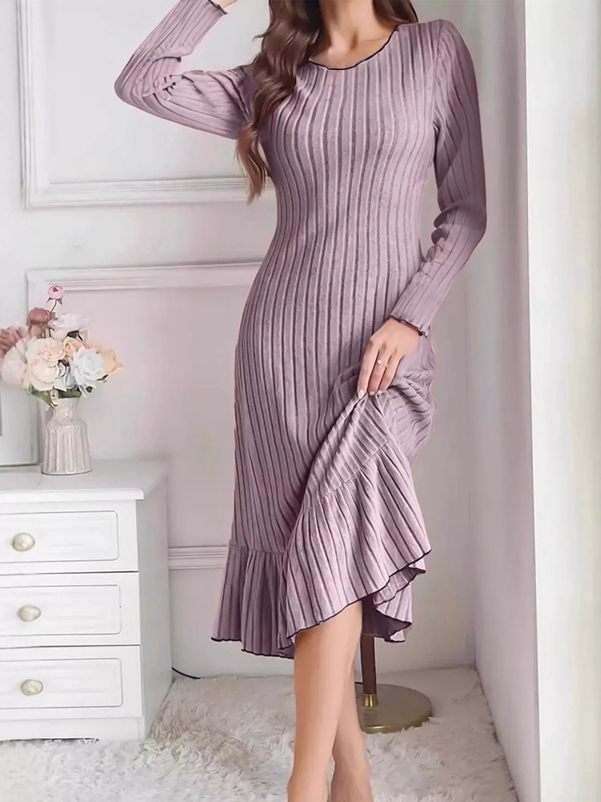Women's Ribbed Knit Ruffle Hem Bodycon Dress – view 6