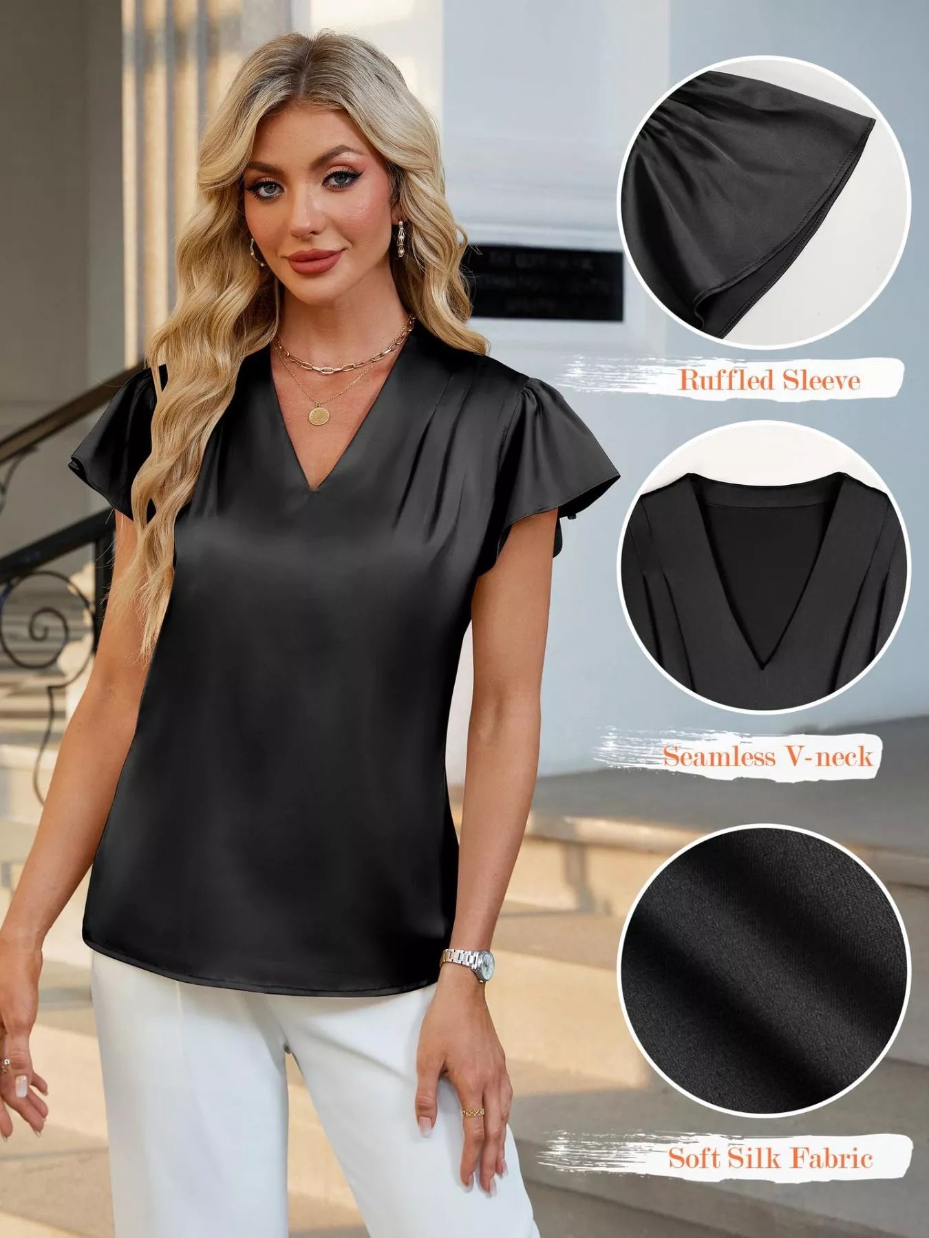 Satin V-Neck Flutter Sleeve Blouse  Shop One Place