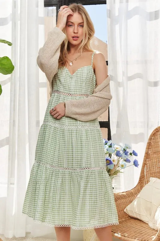 ADORA Gingham Detail Washed Dress-Light Green  Shop One Place