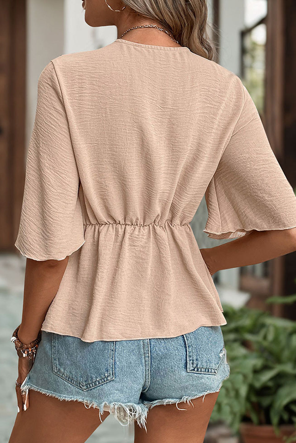 Apricot Wrap V Neck Knotted Crinkled Blouse