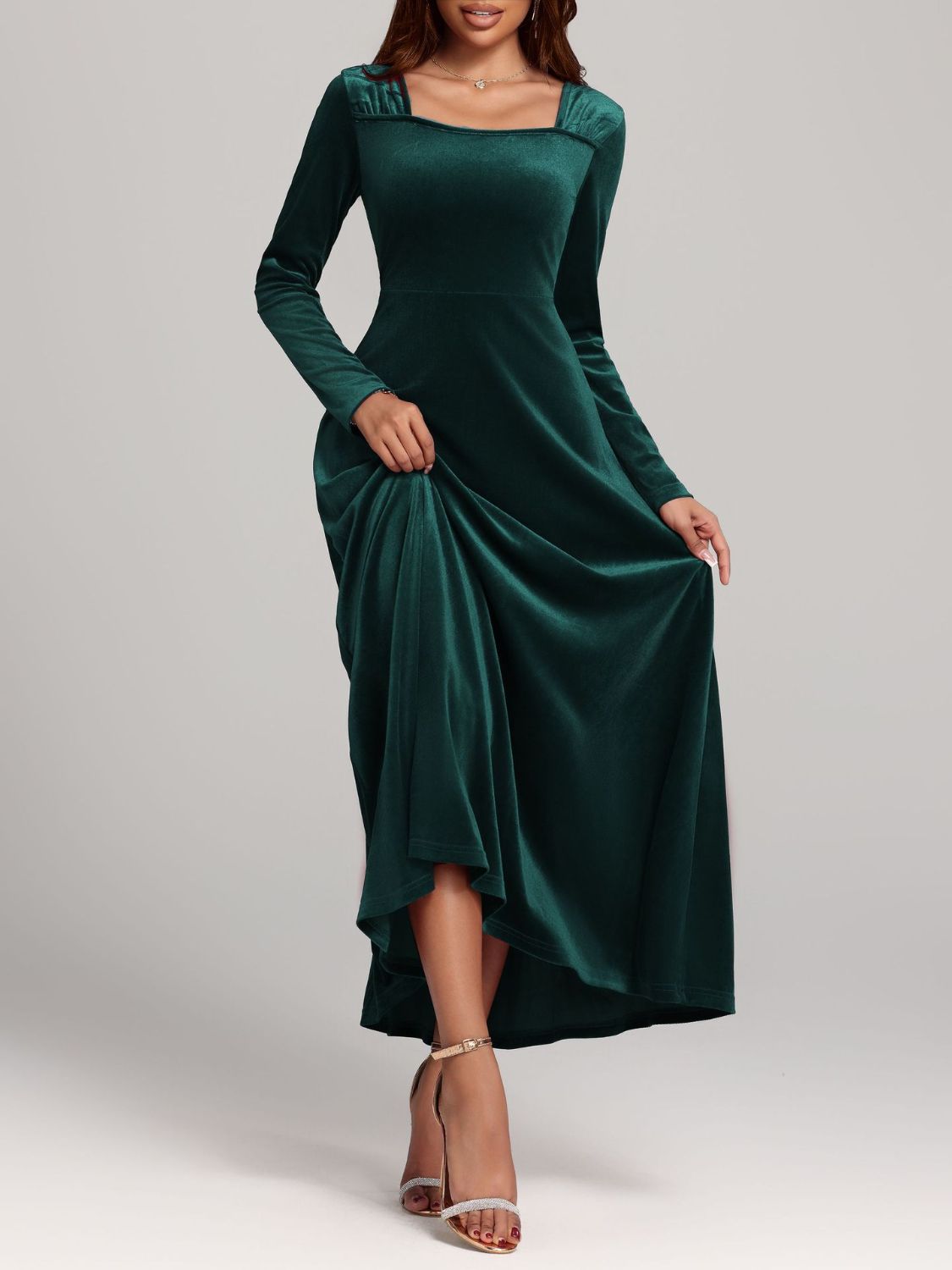 Square Neck Long Sleeve Velvet Dress  Shop One Place